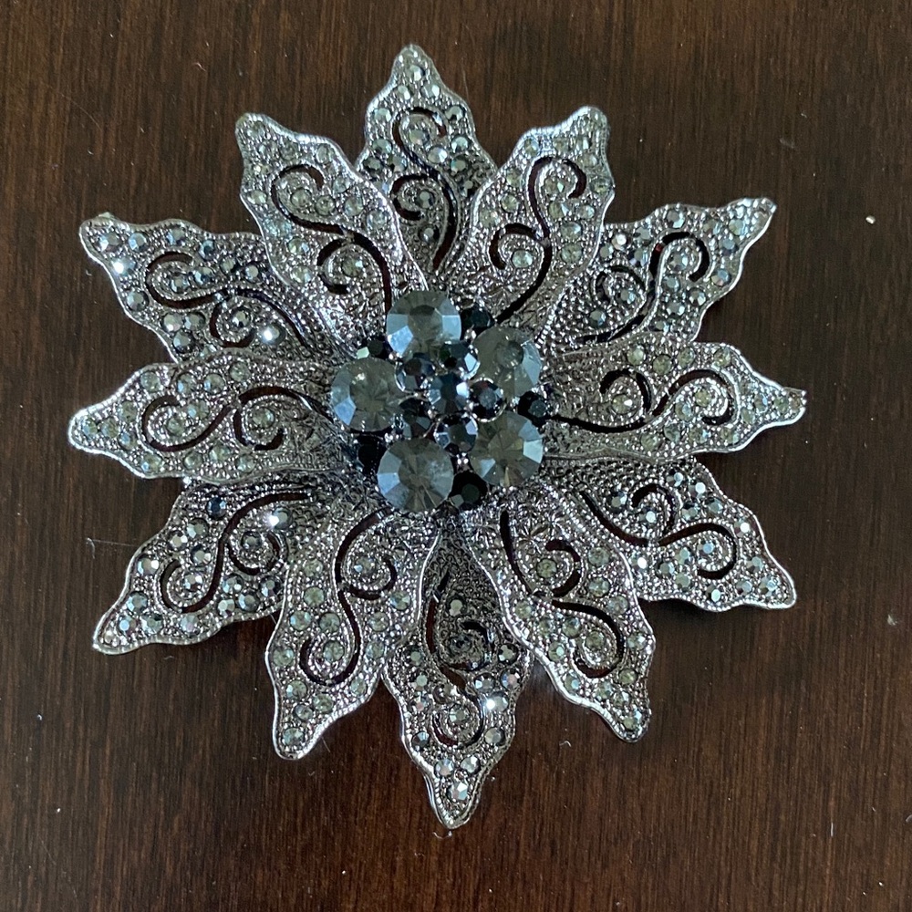 Floral Hematite and Crystal Brooch